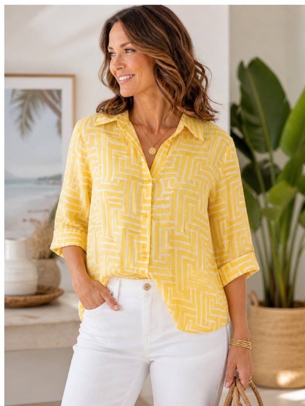 Chico's No-Iron 100% Linen Geometric Print Button Down Shirt Yellow White Size 2
